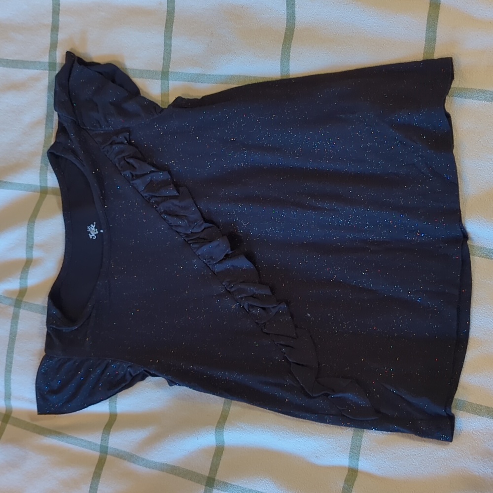Girls black sparkle tee with front ruffles